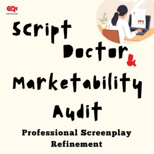 Professional script doctoring service diagnostic poster featuring screenplay refinement icons and story structure charts for Camran Films.